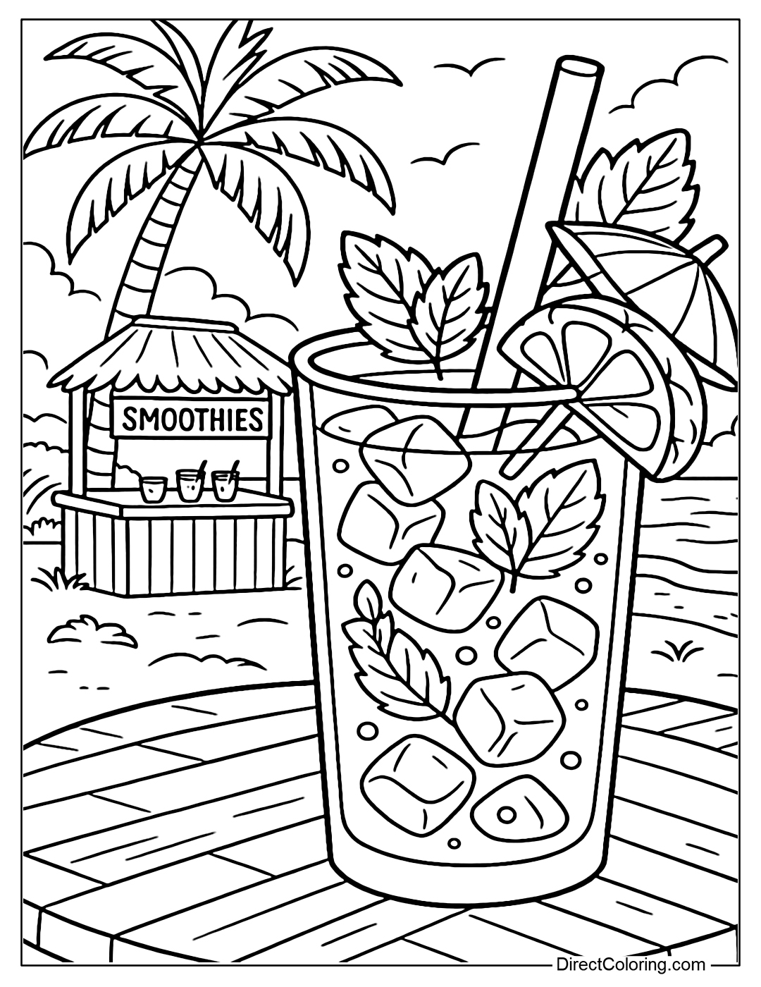 Pineapple mojito coloring page with mint leaves, ice cubes, smoothie bar under coconut trees on the beach.